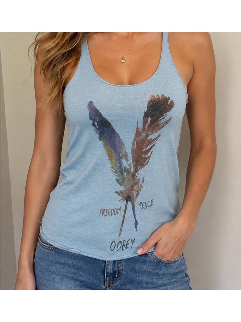 OBEY Feather Eagle Graphic Tank Top Blue Racerback Peace XXS Y2K Indie